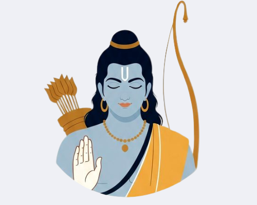 Illustration of a deity with a bow and arrow, staff, and jewelry on a white background